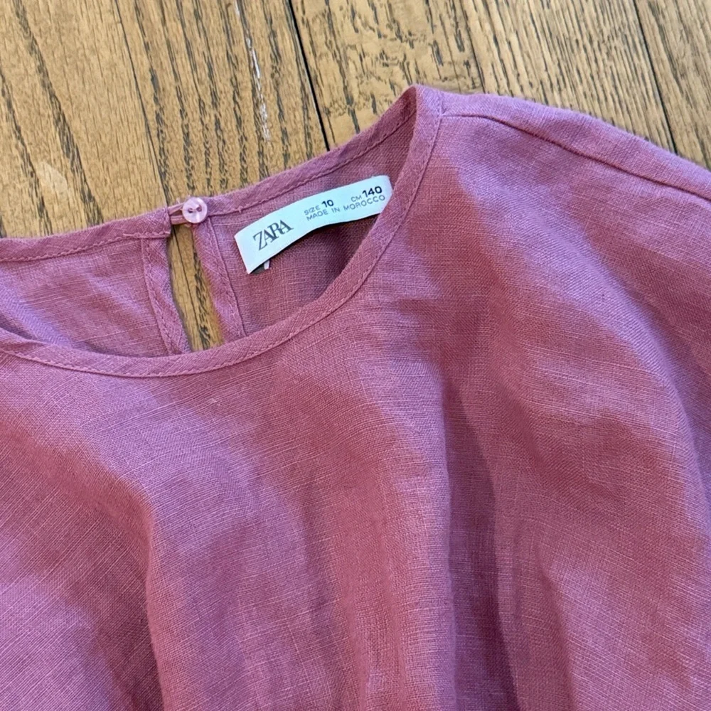 Zara Linen Mauve Tie Waist Back Cut Out Dress Girls 10 year